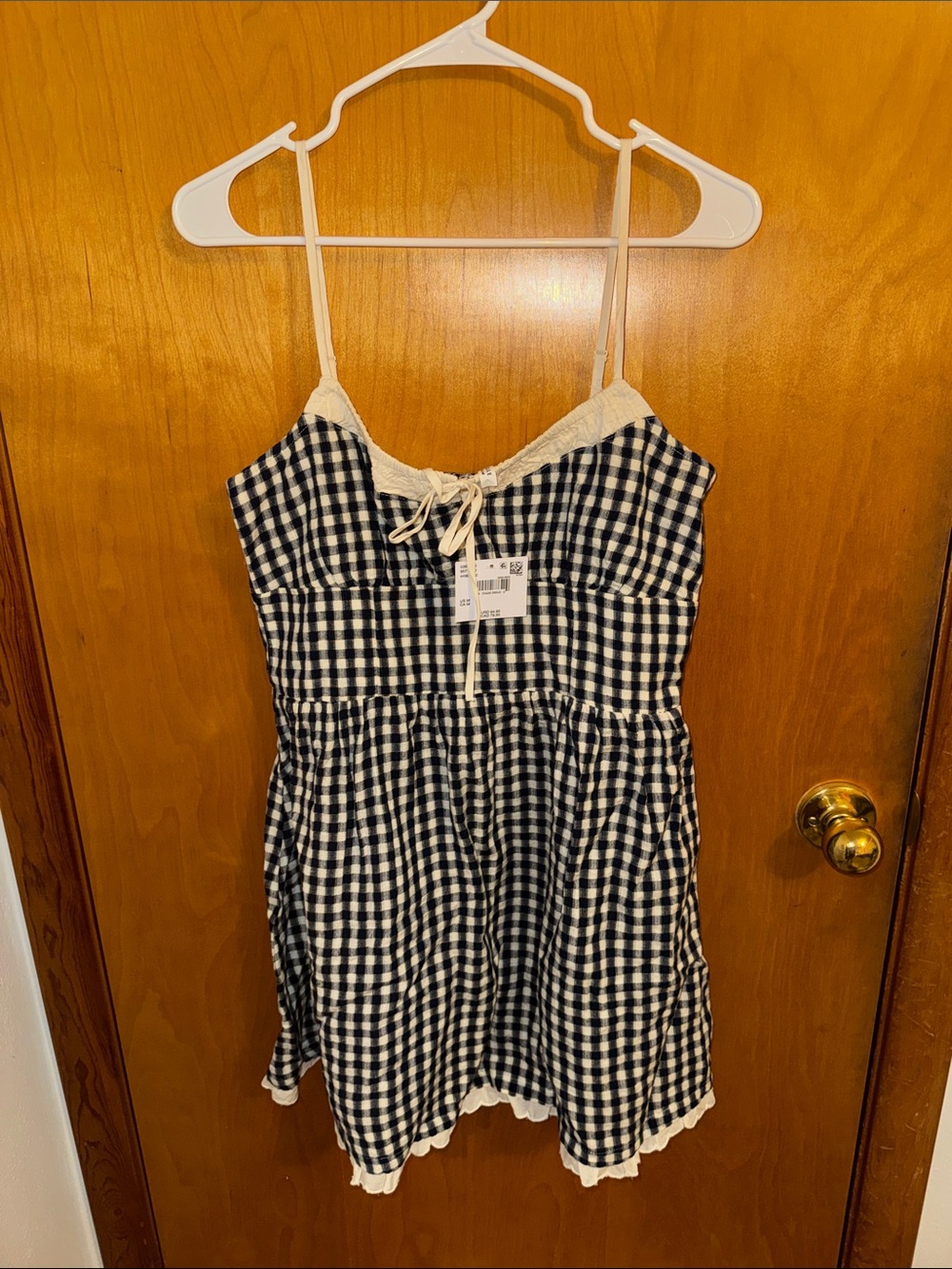 American Eagle Outfitters Black and White Gingham Sundress with Cream Lace Trim